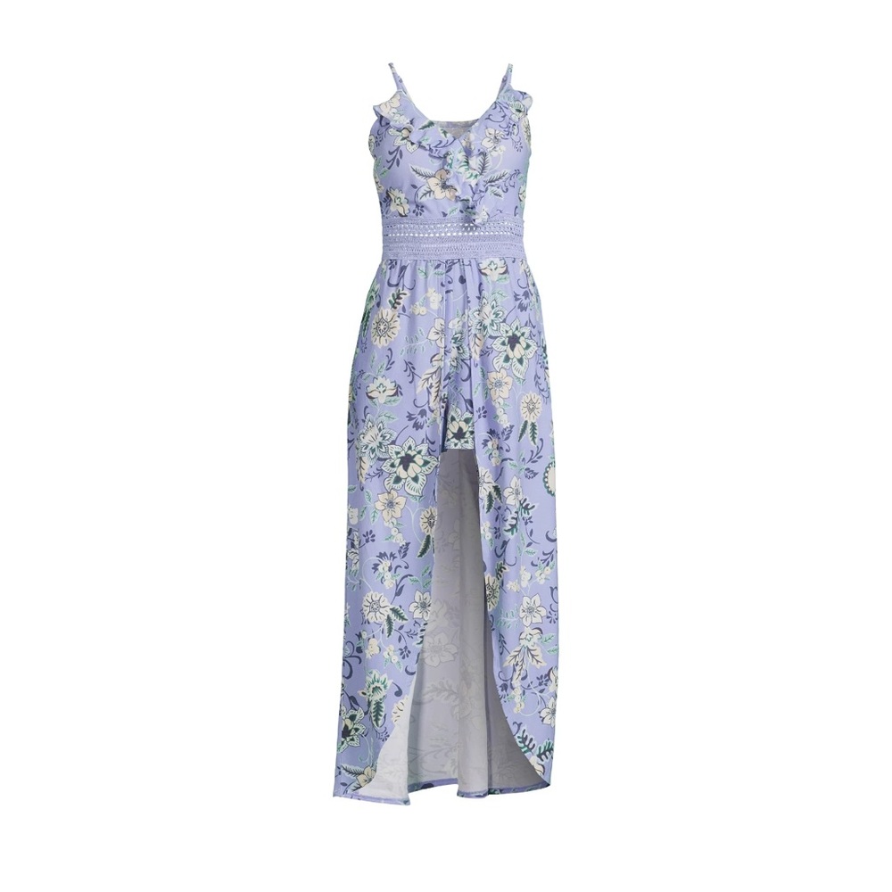 No Boundaries Juniors Ruffle Walk Through Maxi Romper, Spring Peri